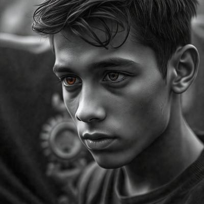The primary subject of the image is a young man with long hair and a black shirt. He has a serious expression on his face and is looking directly at the camera. The setting is a black and white photograph, which gives the image a classic and timeless feel. The visual style is a close-up of the young man's face, emphasizing his features and expression. The colors and mood of the image are predominantly dark, with the young man's eyes being the only noticeable color, adding a sense of intensity and focus to the scene.